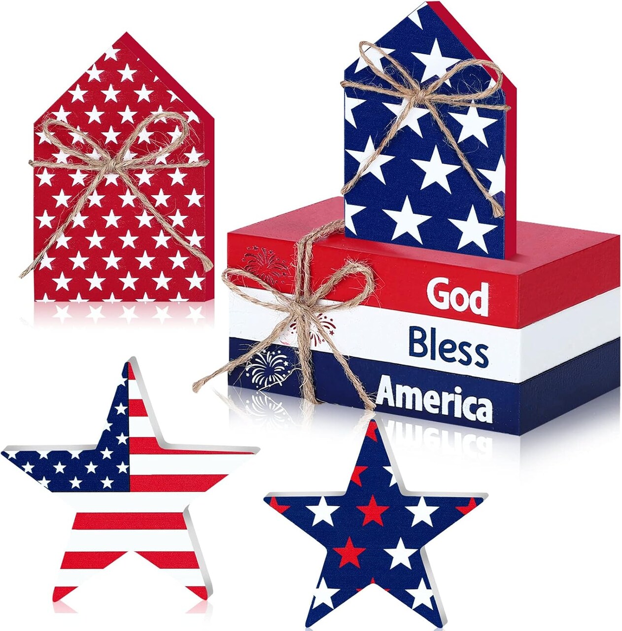 5 Pcs 4th of July Tiered Tray Decor Patriotic Table Decor Memorial Day Decorations Wooden Star Sign God Bless America Faux Book Bundle for Independence Labor Day Home Tabletop Bookshelf